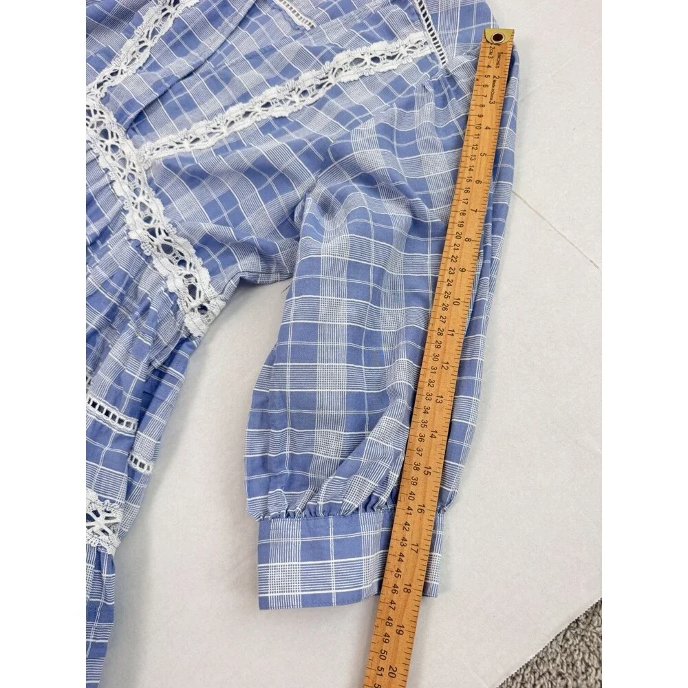 Free People Time Out Lace Trim Tunic Lagenlook Blue White Plaid Top